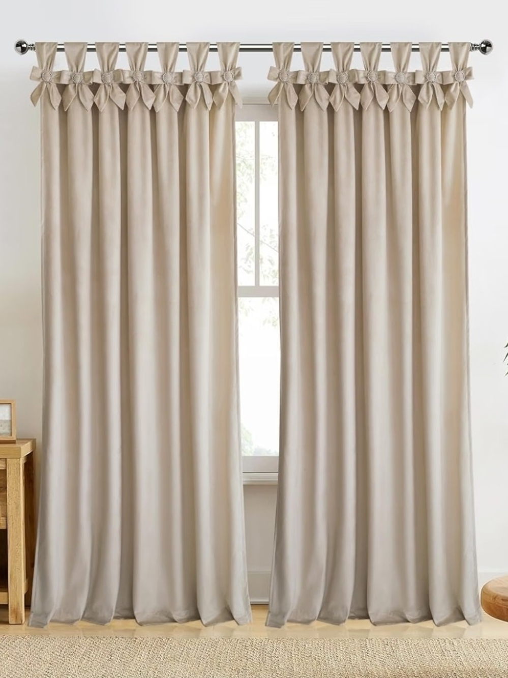 2 Pack Beige Velvet Handcrafted Bow Room Darkening Curtains | W52 x L84 | NEW |